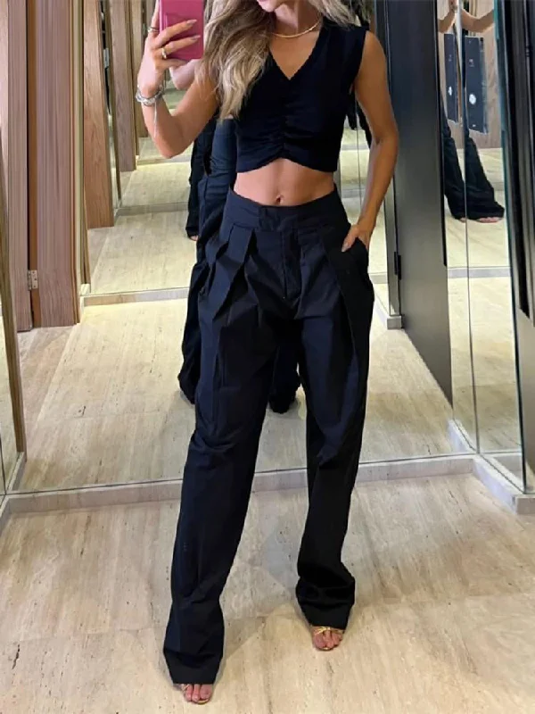 Women Black Sporty Two Piece Set Pleated V Neck Sleeveless High Waist Vest Top Outfit 2023 Female Loose Cargo Pants Streetwear Soft Sweatpants Style