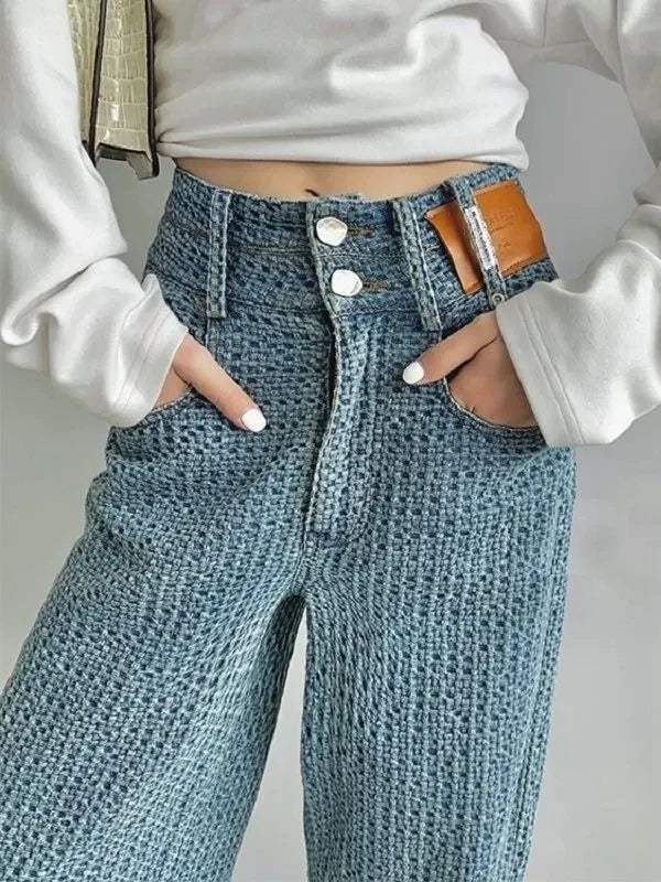 3D Stretch Denim Blue High-waist Woven Denim Wide-leg Pants Chic Wool Trousers