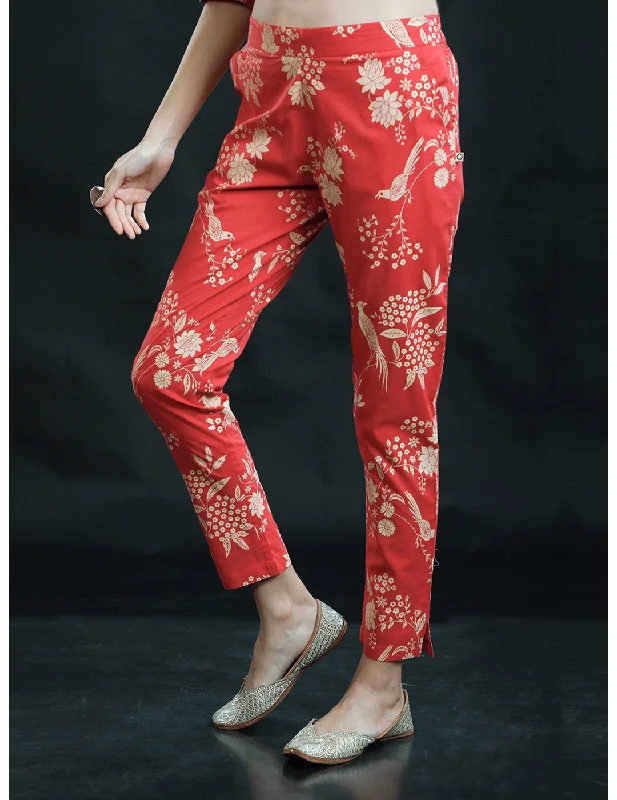 Red Bird Print Straight Pants Comfortable Fleece Pants