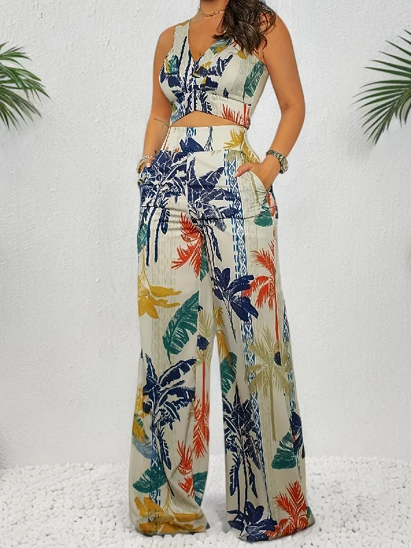 Tropical Plant Print Womens Two-piece Set - Flattering V Neck Sleeveless Top & High Waist Wide Leg Pants Outfit - Perfect Vacation Wardrobe Staple Cozy Lounge Pants