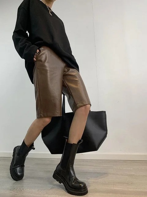 PU Leather shorts women's autumn 2021 new high-waist wide-leg pu leather pants Comfy Athletic Pants