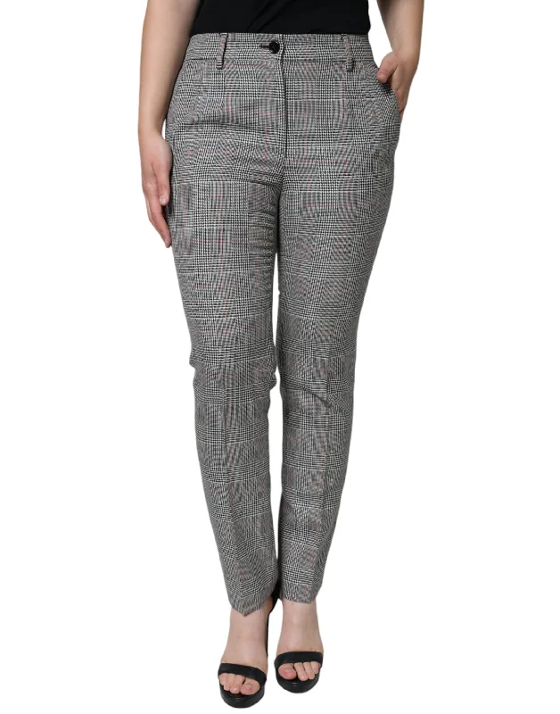 Gray Plaid Wool Mid Waist Women Tapered Pants Fashionable Track Pants