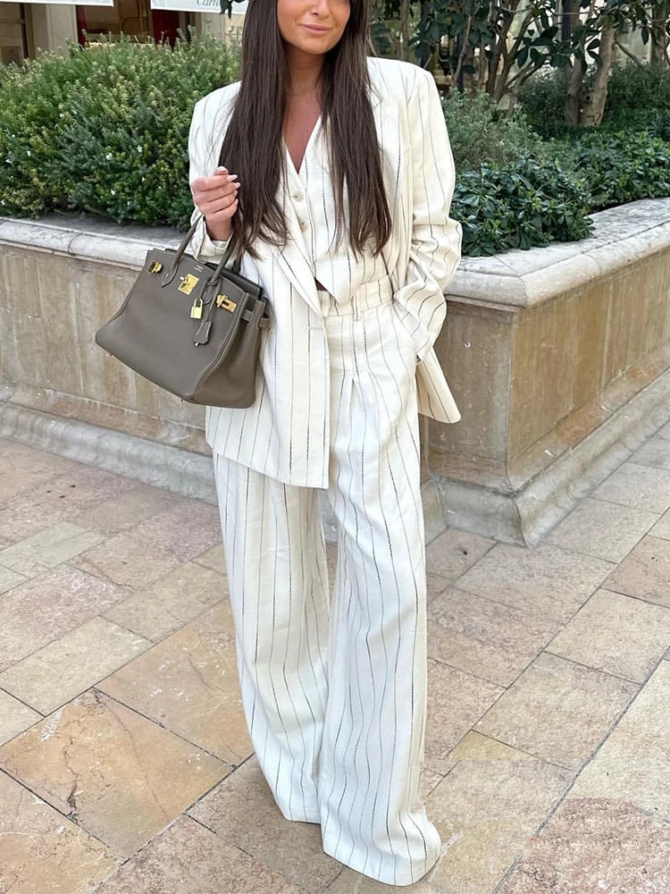 Ashore Shop Office Women Suit Stripe Loose Pant Suits Comfortable Wide-Leg Pants