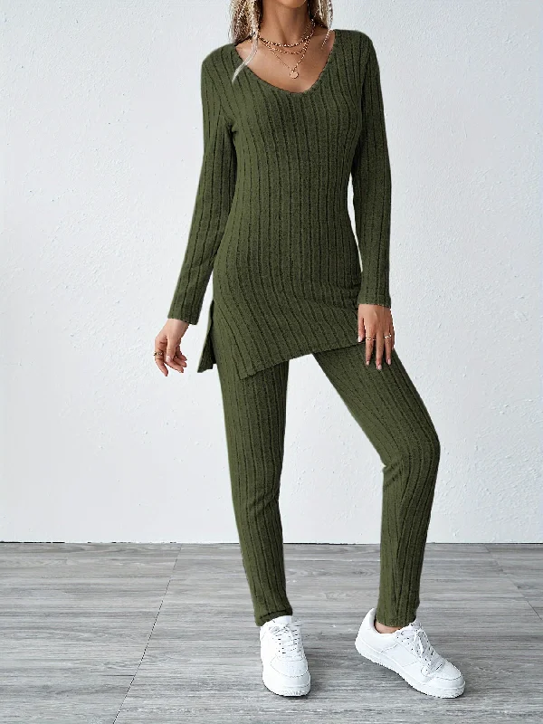 Chic Ribbed Knit Two-piece Set - Soft Casual Long Sleeve Split Top & Slim Fit Pants Outfit - Trendy Solid Color Womens Clothing for Everyday Style Casual Sweatpants Style