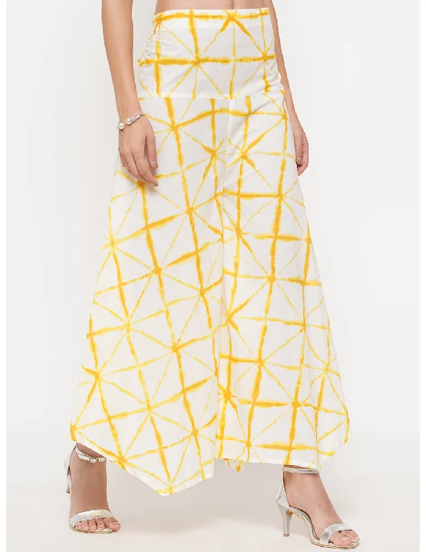 Yellow Shibori Print Cotton Asymmetrical Pants Comfy High-Waist Jeans