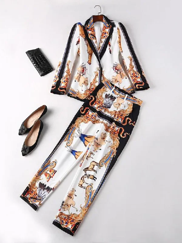 High Quality Royal Print 2pc matching Sets  Women Vintage Pants Suits Fashionable Track Pants