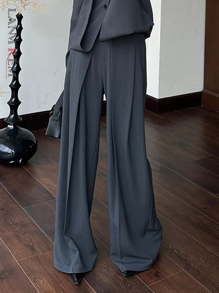 Women High Waist Full Length Fold Wide Leg Pant Female 2023 Autumn New Modern Stretch Trousers