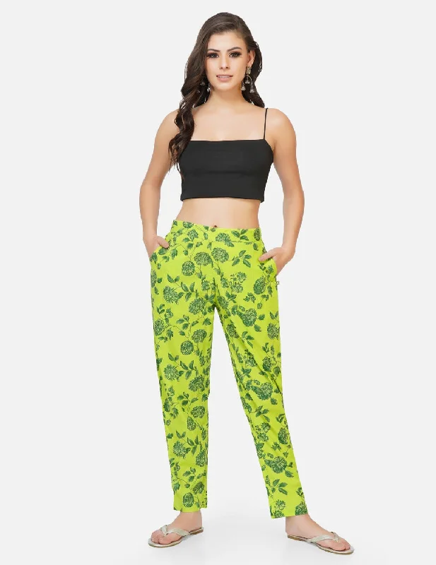 Cotton green printed tapered pants Fashionable Button-Up Pants