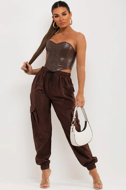 Brown Cargo Pants With Side Pocket Detail Formal Wide-Leg Pants