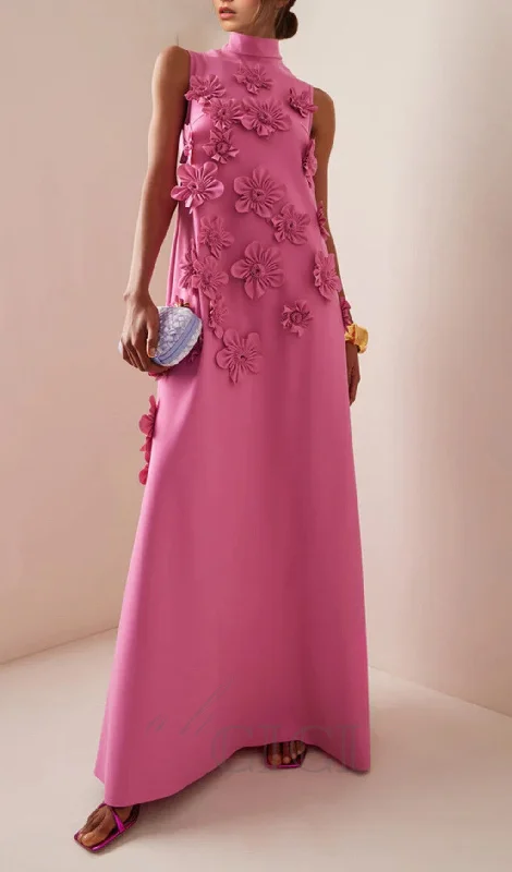 ANNONA PINK FLOWER EMBELLISHED MAXI DRESS Trendy Button Front Maxi Dress