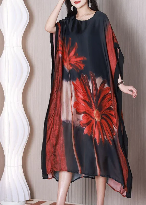 Art Black Oversized Print Silk Maxi Dress Batwing Sleeve Comfortable Bohemian Maxi Dress