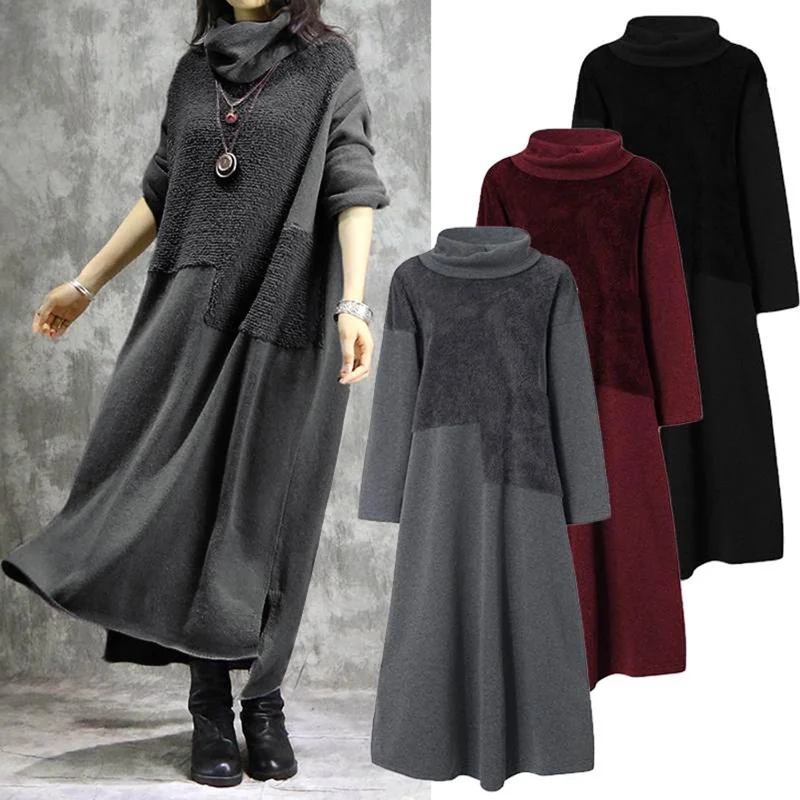 Autumn Winter Women Dress Turtleneck Long Sleeve Patchwork Plush Irregular Hem Maxi Dress Plus Size 4XL Warm Clothes Stylish Maxi Dress with Frills