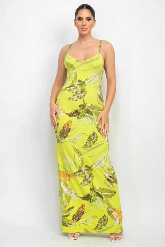 Blue Zone Planet |  Ava's Scoop Tropical Print Spaghetti Strap Maxi Dress Comfortable Ruffle Maxi Dress