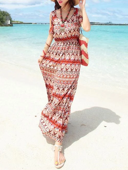 Beautiful Chiffon Printed Split Joint Short Sleeve Round Neck Maxi Dress Trendy Ruffled Maxi Dress