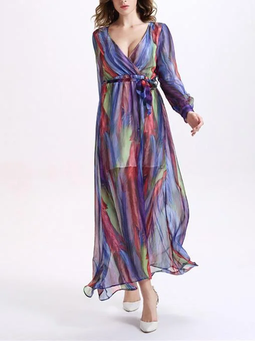 Beautiful Colorful Stripes Long Sleeve Deep V Neck Maxi Dress Comfortable Satin Maxi Dress