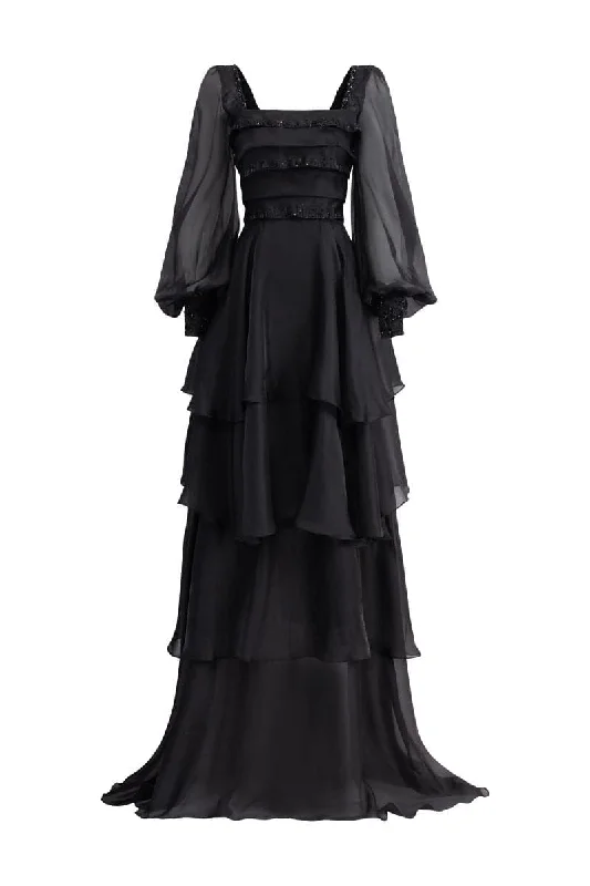 BLACK GAZELLE SHINY SILK LAYERED MAXI DRESS Elegant Velvet Maxi Dress