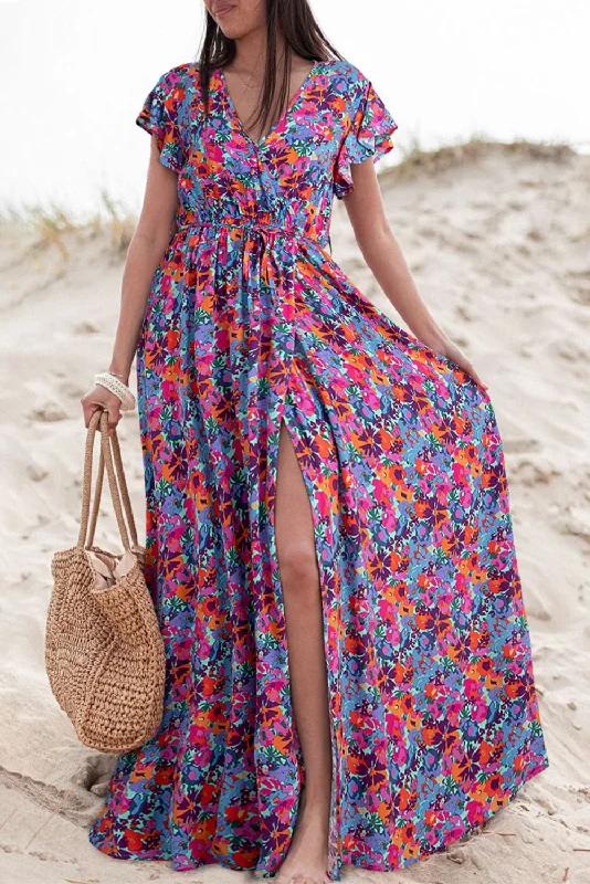 Blue Floral Print V Neck Wrap Split Maxi Dress Classic Tulle Maxi Dress