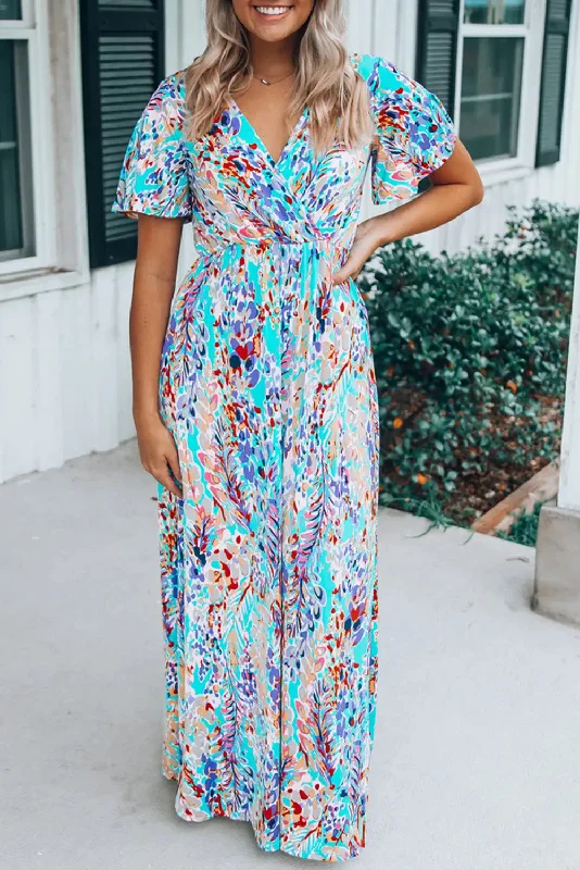 Blue Zone Planet |  Green Wrap V Neck Floral Maxi Dress Fashionable Button-Down Maxi Dress