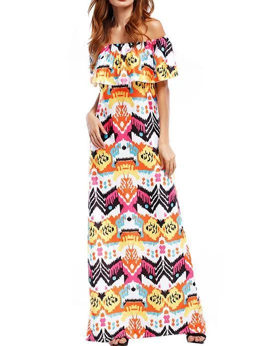 Bohemia Printed Falbala Off-the-shoulder Maxi Dress Cozy Maxi Dress with Slit