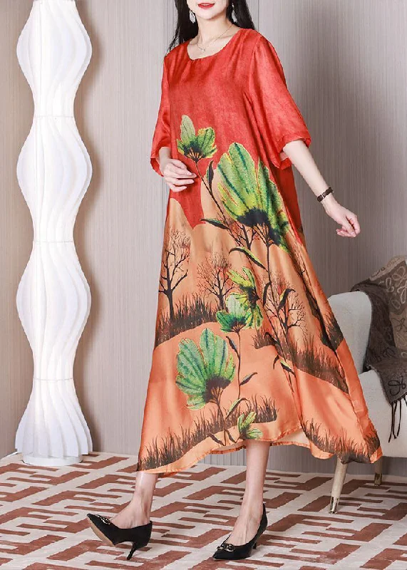 Bohemian Red Oversized Print Silk Maxi Dresses Half Sleeve Comfortable Plunging Neckline Maxi Dress