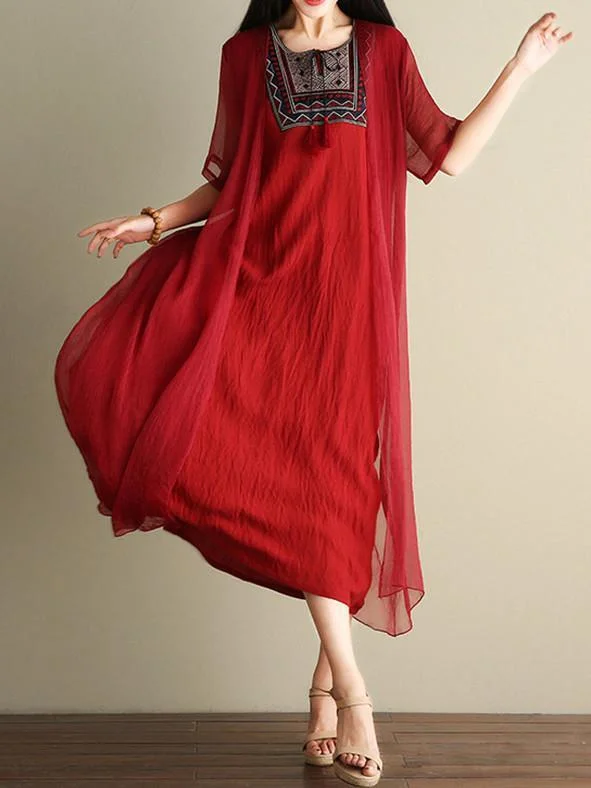 Casual Inwrought Printed Round Neck Short Sleeve Beach Maxi Dress Stylish Button-Up Maxi Dress