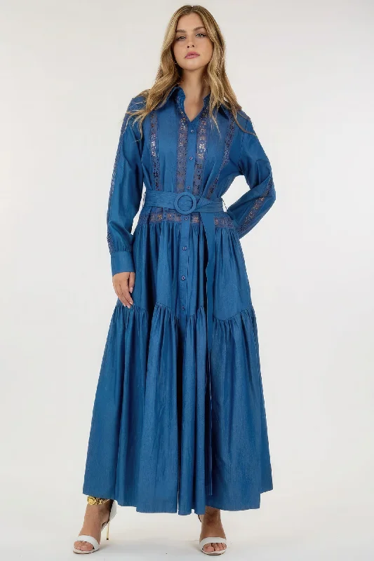 Blue Zone Planet |  Charlotte's See-through Lace Long Sleeve Waist Belt Maxi Dress Cozy Knitted Maxi Dress