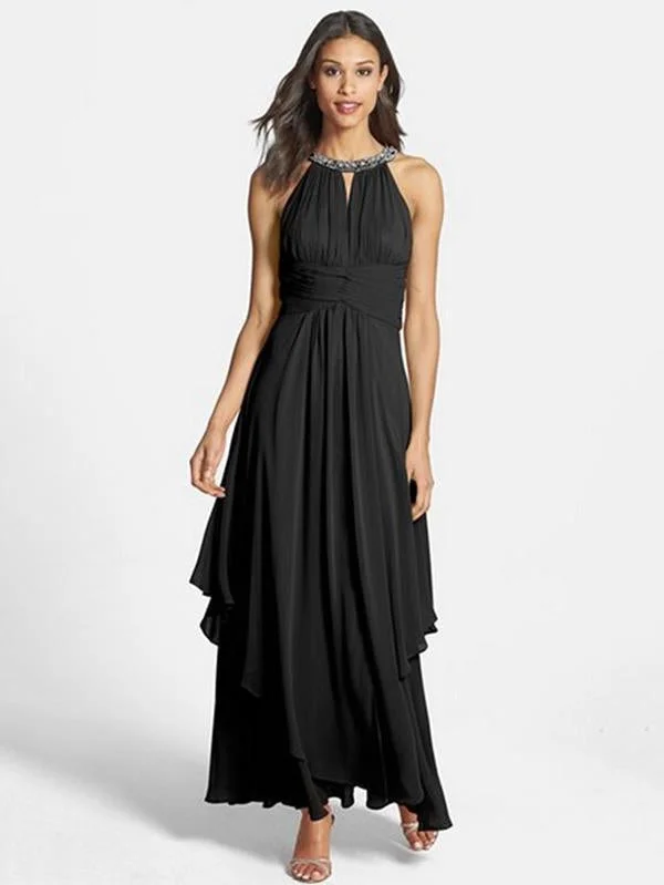 Chiffon Halterneck Beaded Sleeveless Maxi Dress Comfortable Maxi Dress with Slits