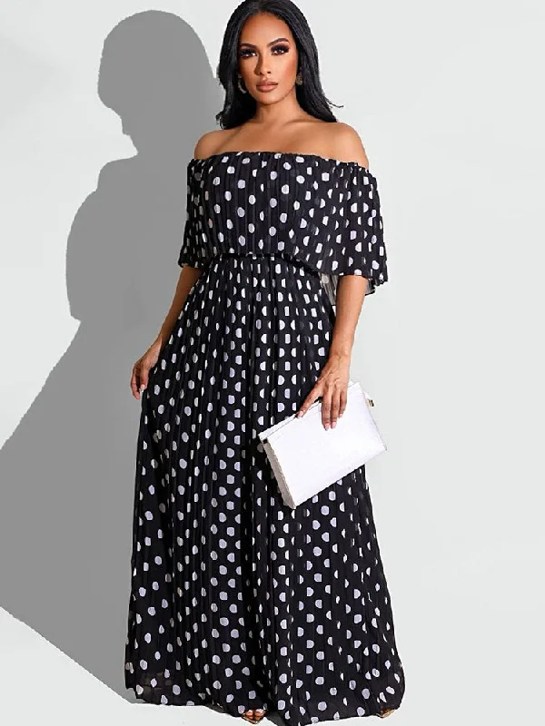 Chiffon Off Shoulder Polka Dot Maxi Dresses Fashionable Chiffon Tiered Maxi Dress