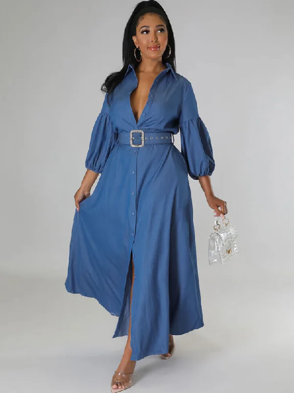 Denim Lantern Sleeve Bodycon Maxi Dresses Fashionable Layered Maxi Dress