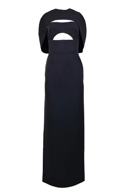 DETACHABLE CROPPED CAPE MAXI DRESS Elegant Maxi Dress with Pockets