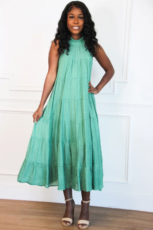 Effortlessly You High Neck Maxi Dress: Jade Comfortable Fit-and-Flare Maxi Dress