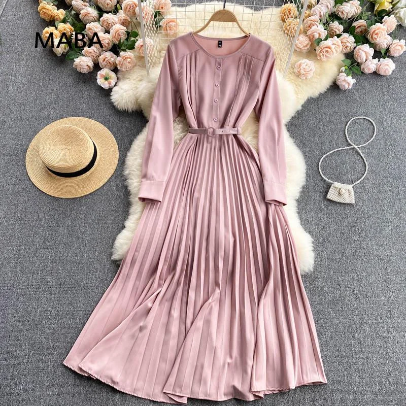 Elegant solid office lady dress women's o-neck sashes pleated maxi dress casual robes ladies 2022  Pink Dress Cozy Maxi Dress with Slit