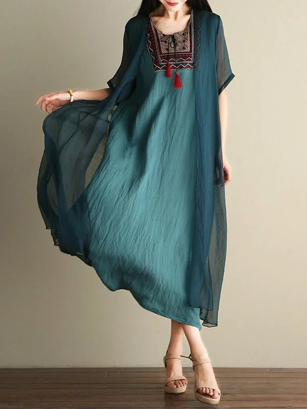 Embroidered Loose Casual Linen Cotton Maxi Dress Fashionable High-Waist Maxi Dress