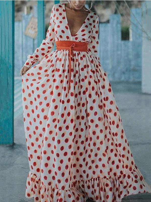 Fashion Polka-dot V-Neck Long Sleeves Maxi Dress Elegant Boho Maxi Dress