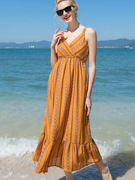 Fashion Yellow Bohemia Spaghetti Straps Maxi Dress Trendy Ruffled Maxi Dress