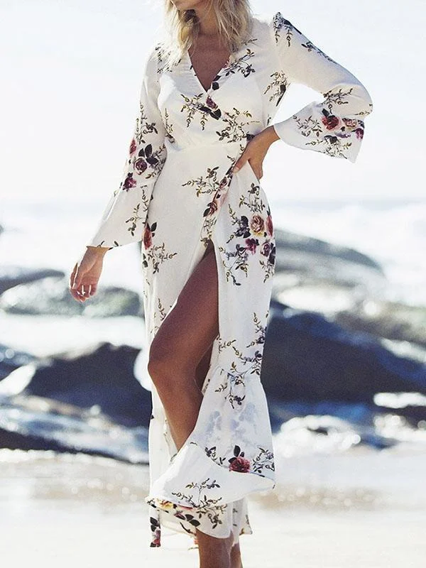 Floral-Print Long Sleeves Bohemia Maxi Dress Fashionable Sleeveless Maxi Dress