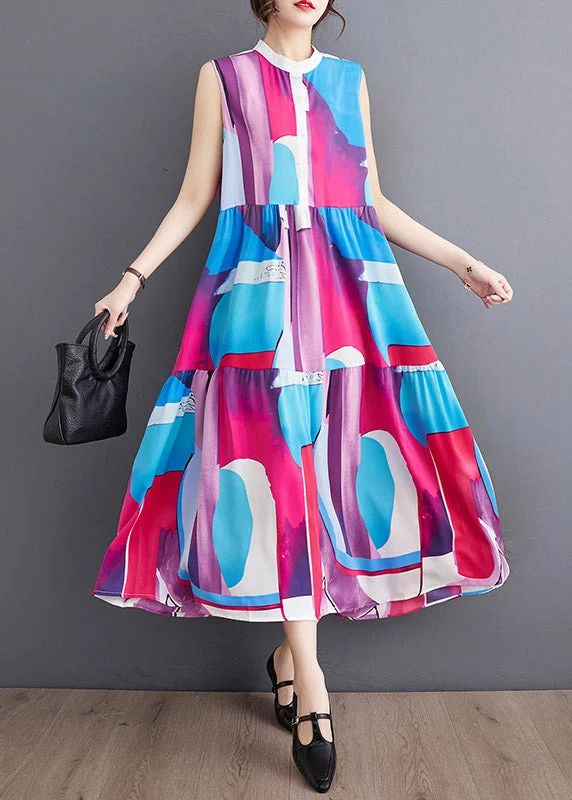 French Blue O-Neck Print Patchwork Wrinkled Chiffon Maxi Dresses Summer Elegant Velvet Maxi Dress