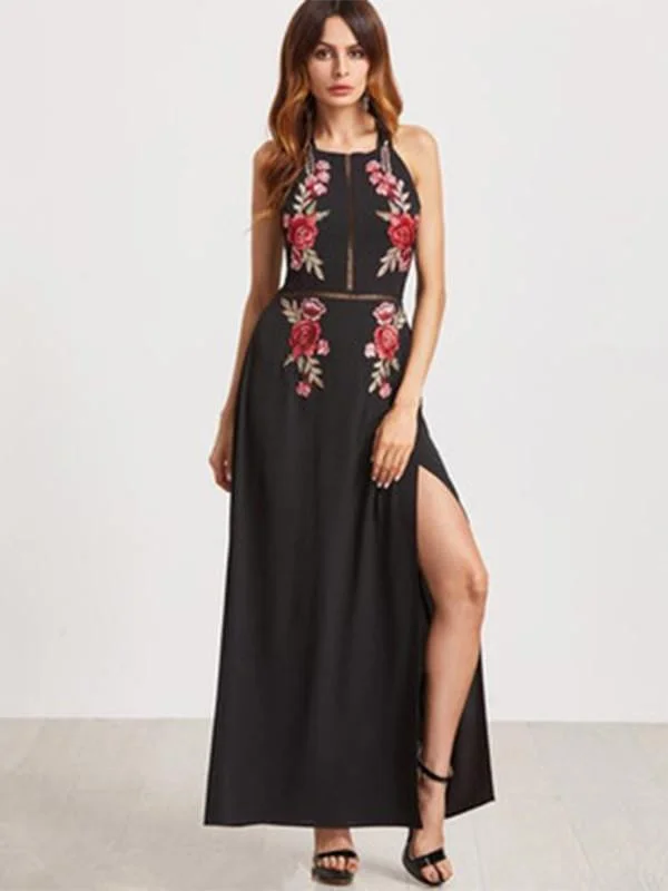 Halterneck Embroidered Split Front Maxi Dress Stylish A-Line Maxi Dress