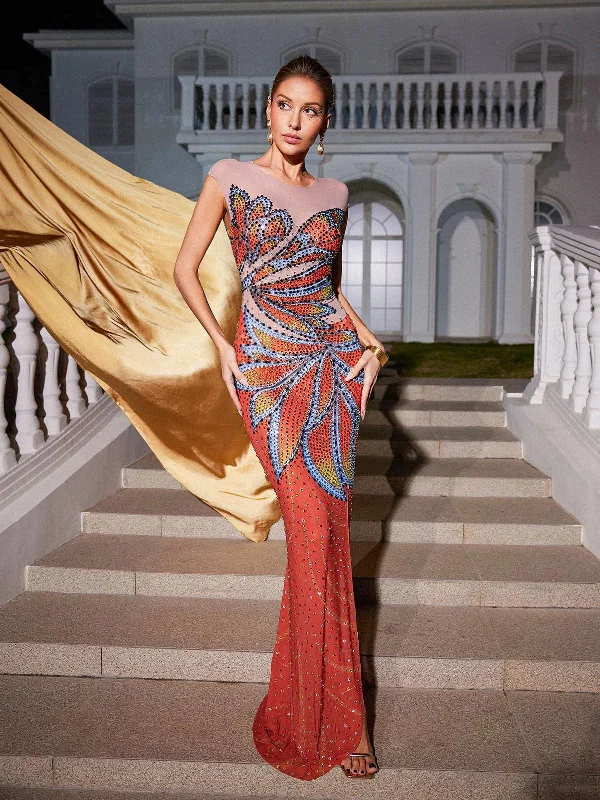 Hank Rhinestone Printed Mesh Maxi Dress Stylish Boho Maxi Dress