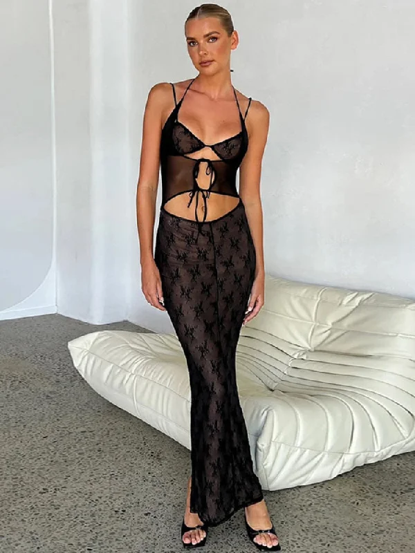 Hollow Out Print Back Split Maxi Dress Women Gown Summer New Black Sleeveless Bodycon Sexy Party Long Dress Vestidos Comfortable Fit-and-Flare Maxi Dress