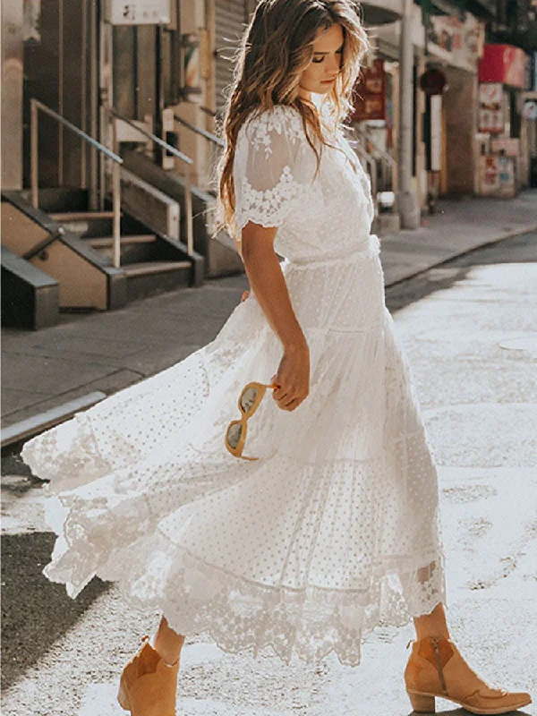 Hollow Out White Dress Sexy Women Lace Long Dress Cross Semi-Sheer Plunge V-Neck Short Sleeve Lace Maxi Dress Comfortable Maxi Dress with Slits