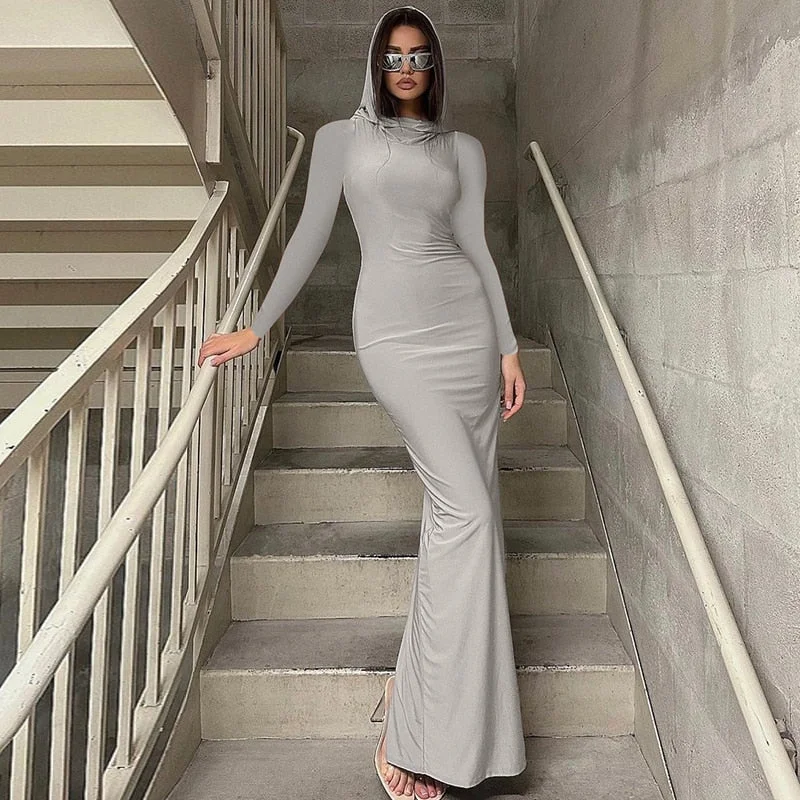 Hooded Long Sleeve Maxi Dresses For Women Tight Black Long Dress Plain Bodycon Autumn Winter Dress Fashionable Layered Maxi Dress