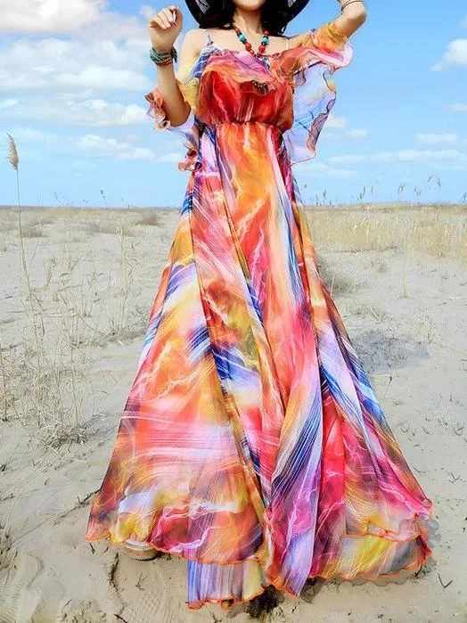 Hot beach chiffon dress sleeveless bohemia full dress holiday maxi dress Stylish V-Neck Maxi Dress