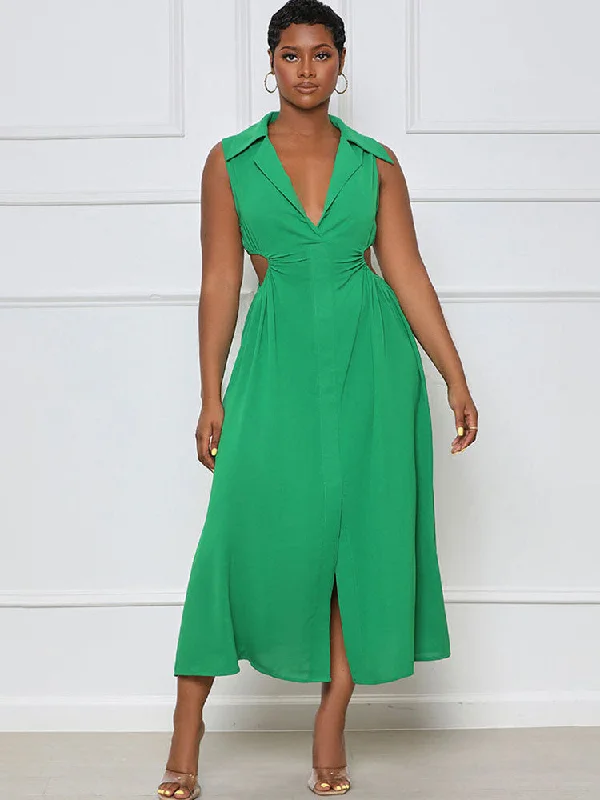 Lapel V Neck Sleeveless Maxi Dresses Comfortable Fit-and-Flare Maxi Dress