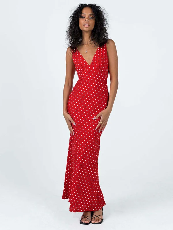 Blue Zone Planet |  Lee's Polka Dot Spaghetti Strap V-neck Fishtail Maxi Dress Trendy Ruffled Maxi Dress