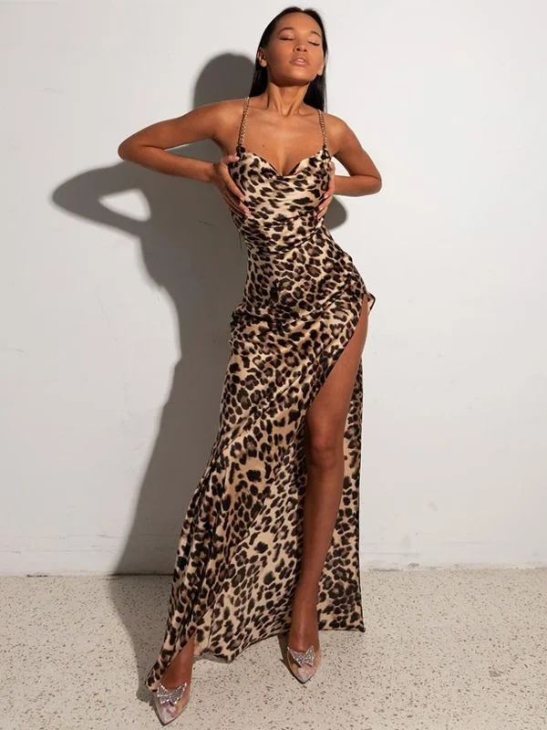 Leopard Print Women Chain Strap Side Slit Maxi Dress Backless Bodycon Sexy Streetwear Festival Evening Elegant Comfortable Plunging Neckline Maxi Dress