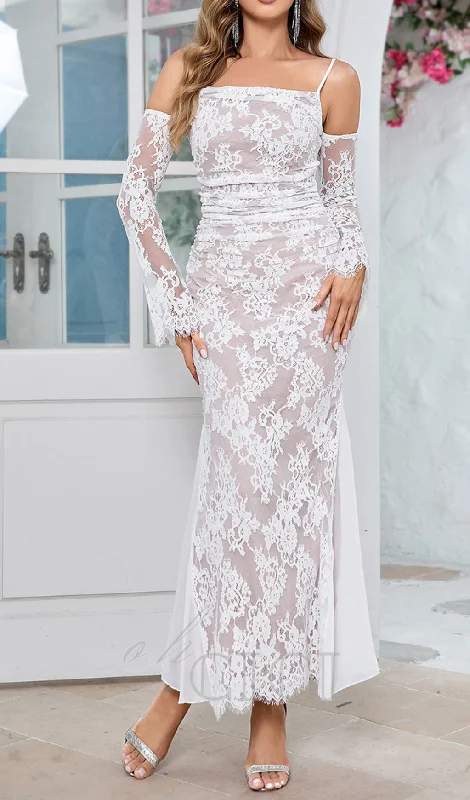 LONG SLEEVE DRAPED LACE MAXI DRESS IN WHITE Chic Summer Floral Maxi Dress