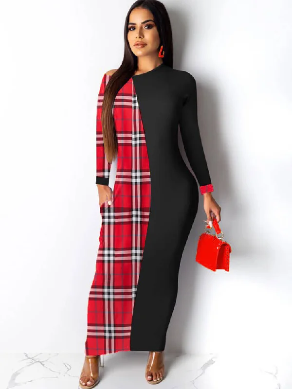 Long Sleeve Plaid Print Patchwork Maxi Dresses Trendy Ruffled Maxi Dress