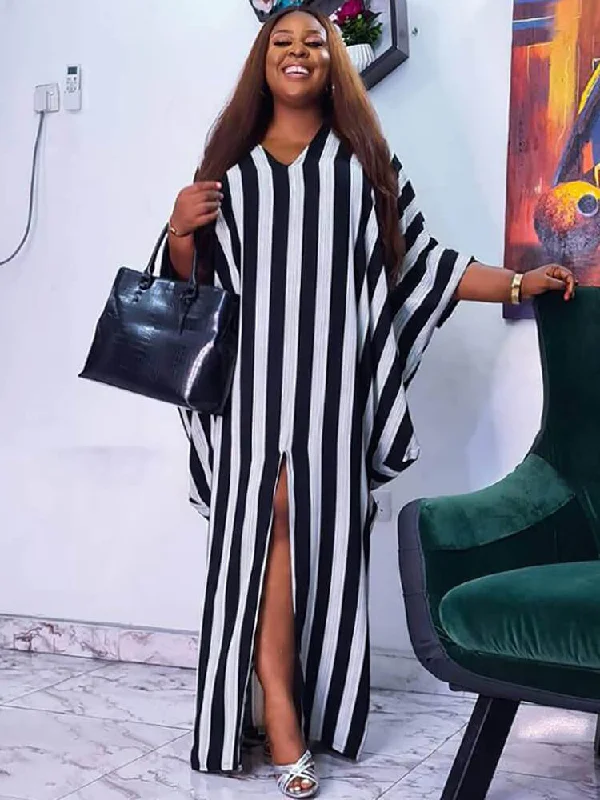 Long Sleeve Striped Split Maxi Dresses Elegant Velvet Maxi Dress