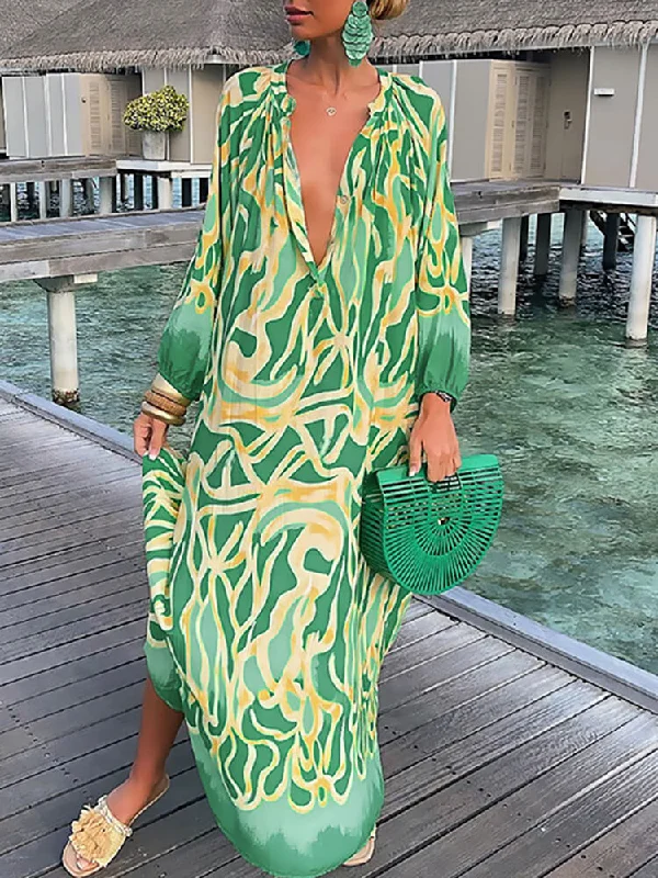 Long Sleeve V Neck Floral Print Maxi Dresses Fashionable Sheer Maxi Dress